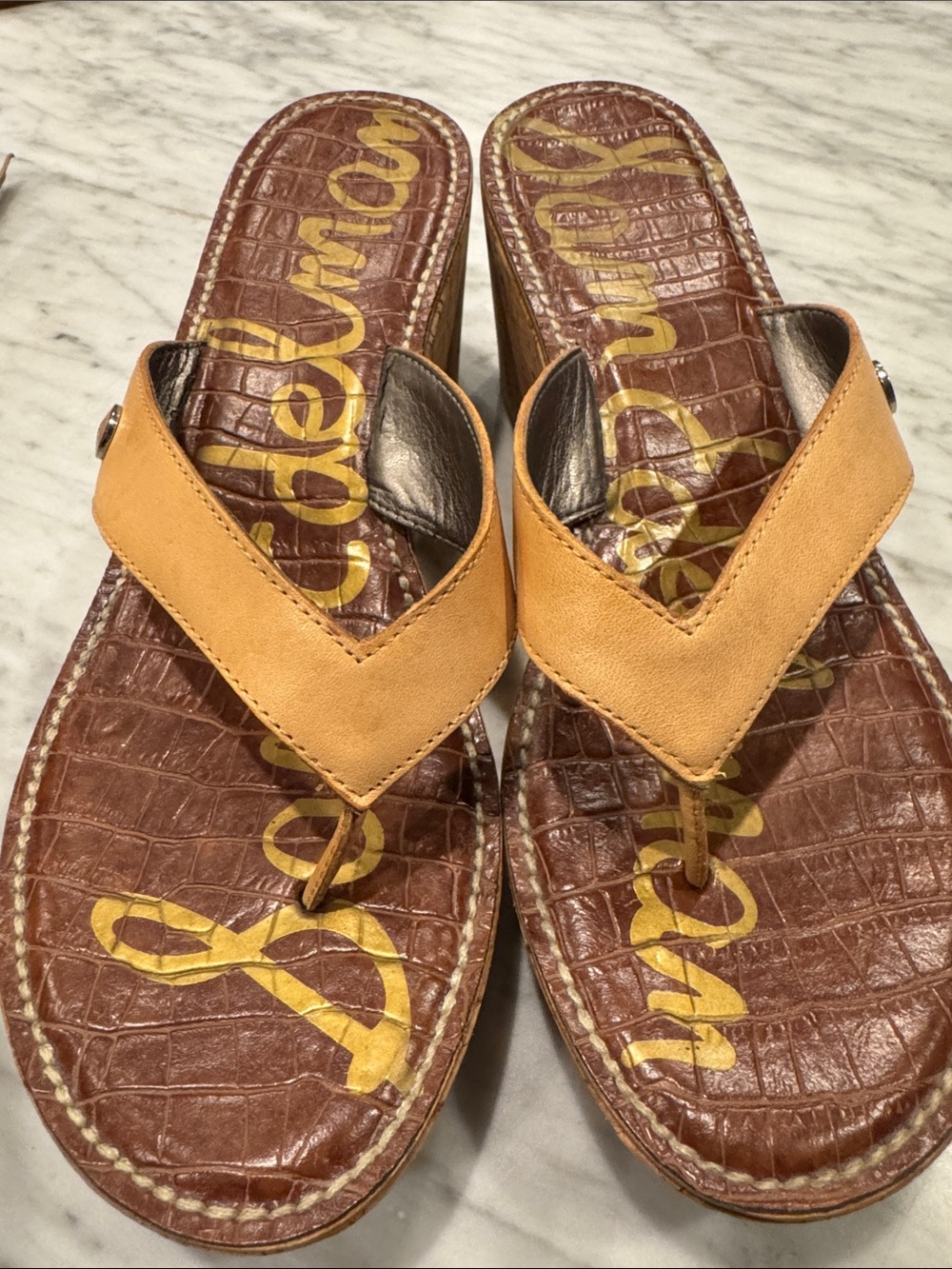 Sam Edelman Tan Leather V-strap Wedge Thong Sandals